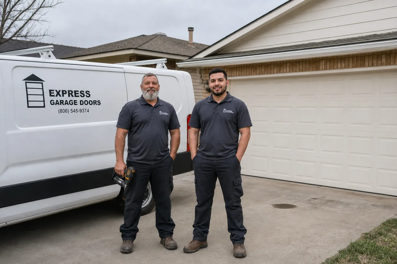 Express Garage Doors technicians and service van outside a home in Amarillo, TX