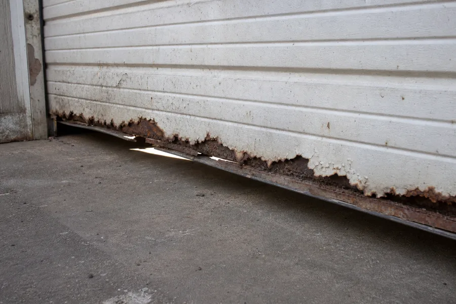 A rusted-through bottom rail on an old garage door in Amarillo, TX