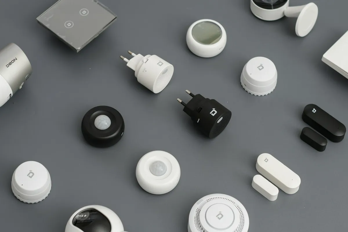 Smart home sensors, plugs and buttons laid out on a table